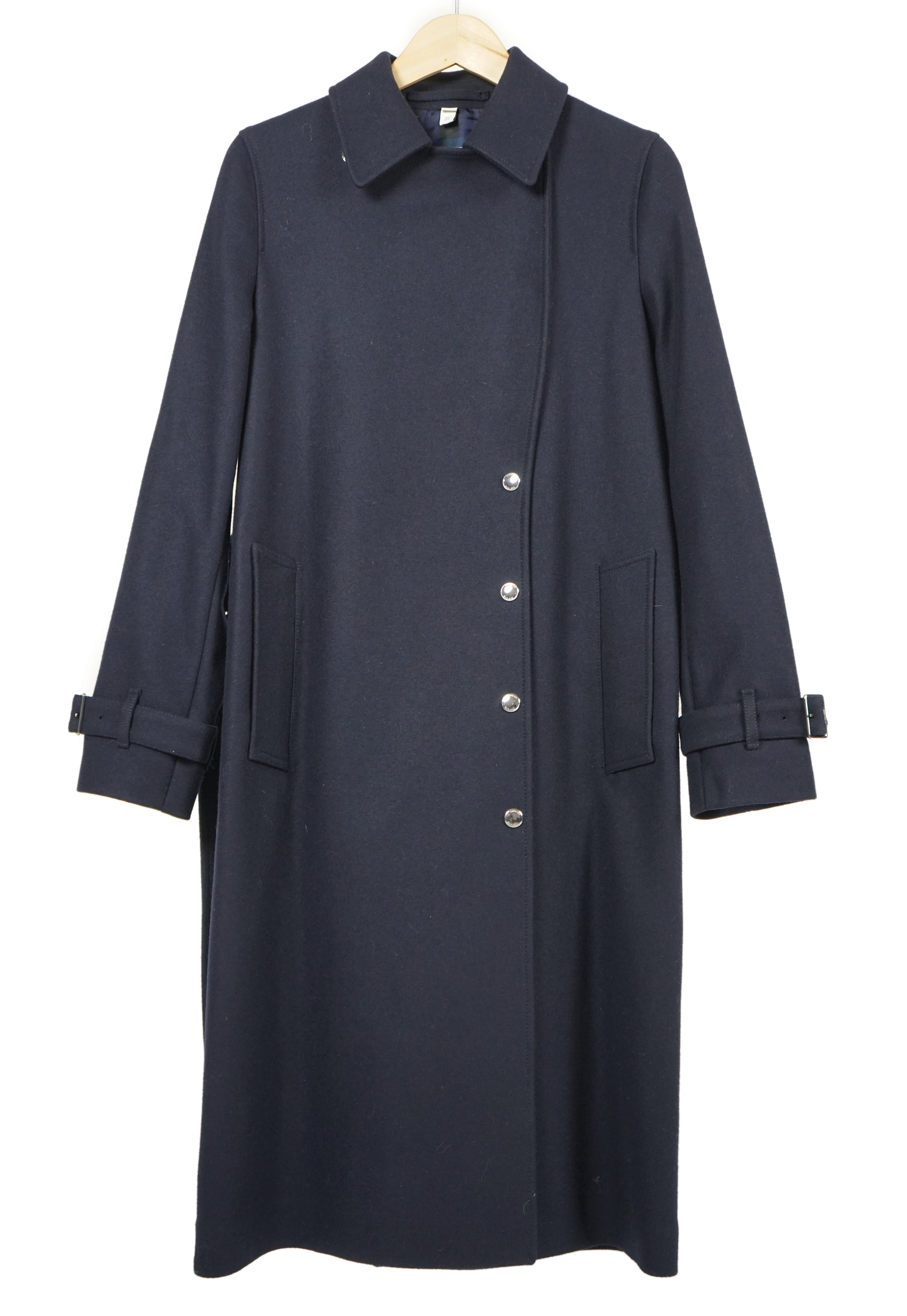 A Burberry lady's navy wool trench coat with chrome buttons, size UK6